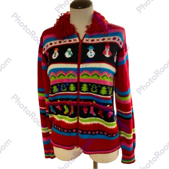 Karen Scott, Small Zip Up Long Sleeve Christmas Sweater - Picture 1 of 10